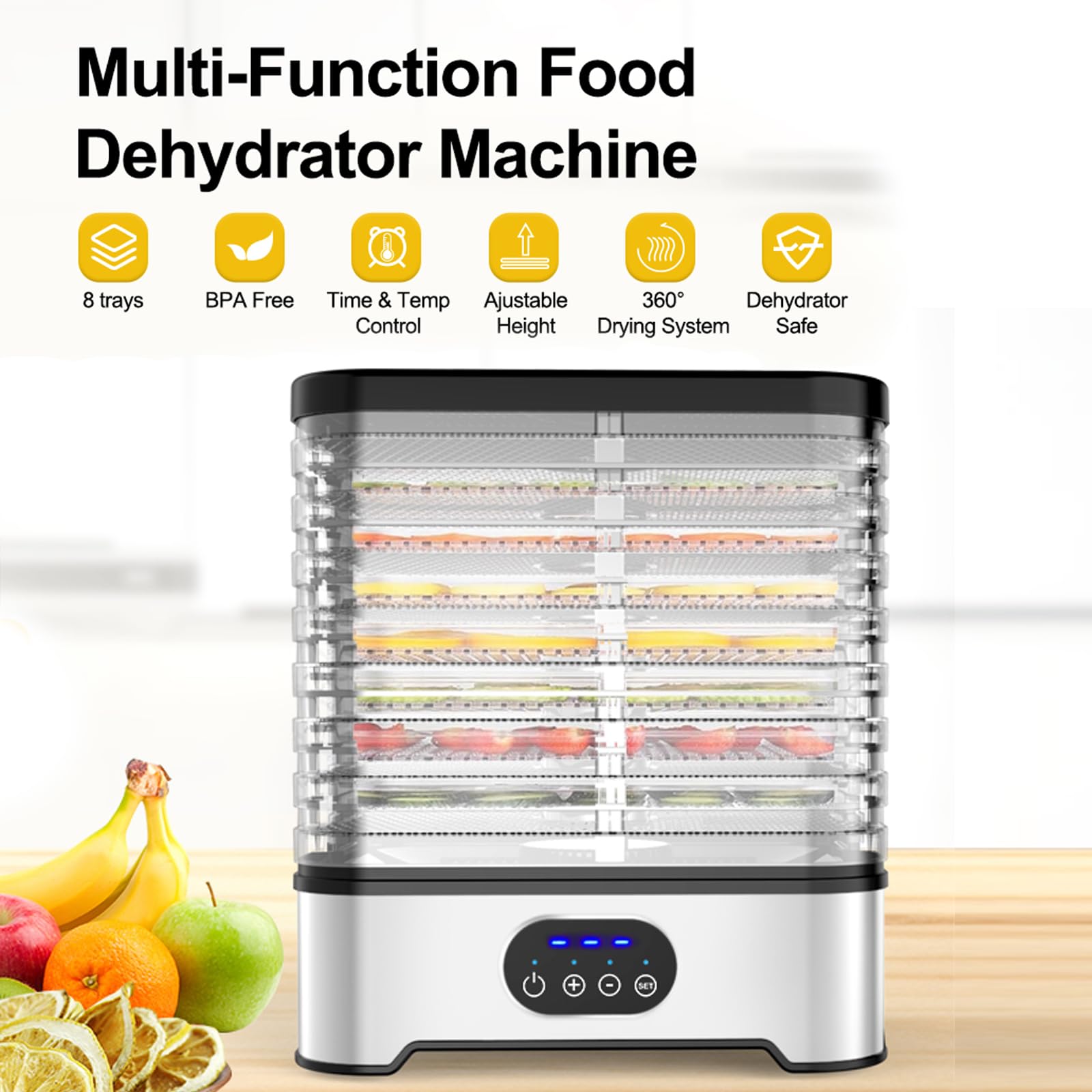 Deshydrateur Alimentaire 16L,8 Plateaux, Minuterie de 72 Heures, Température Réglable de 42 °C à 70 °C, pour le Séchage de Viande, Légumes et Fruits