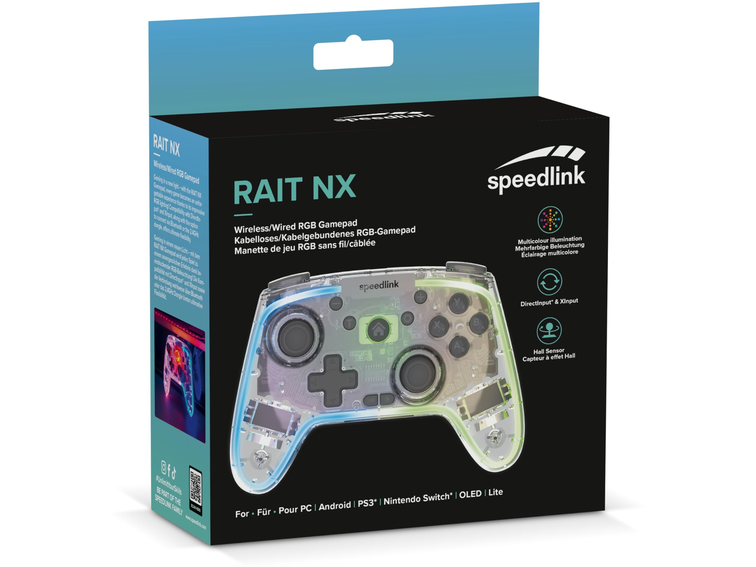 Speedlink RAIT NX RGB Gamepad - Wireless Bluetooth/USB 2.4G Controller PC | /Switch/PS3/Android, Bluetooth & 2.4G USB, Hall Effekt Sensoren, Dual Vibration, Turbo-/Makro-Tasten, Transparent beleuchtet