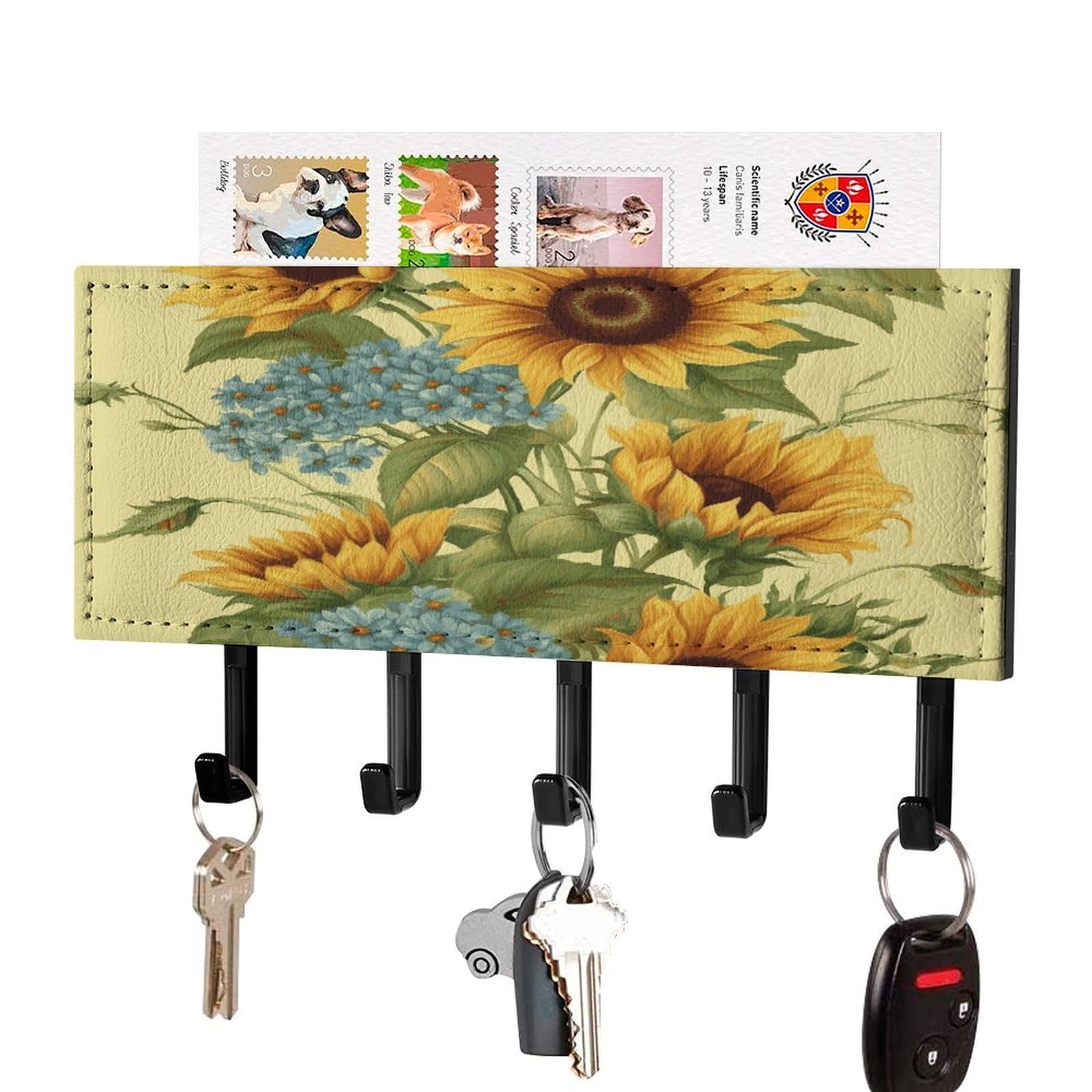 LDGSUPH Sunflowers Key Holder Wall Mount Key Hanger with 5 Hooks Fashion Key Organizer Rack Hanging Key Hooks with Mail Organizer Key Rack for Home Entryway Hallway Black-Style