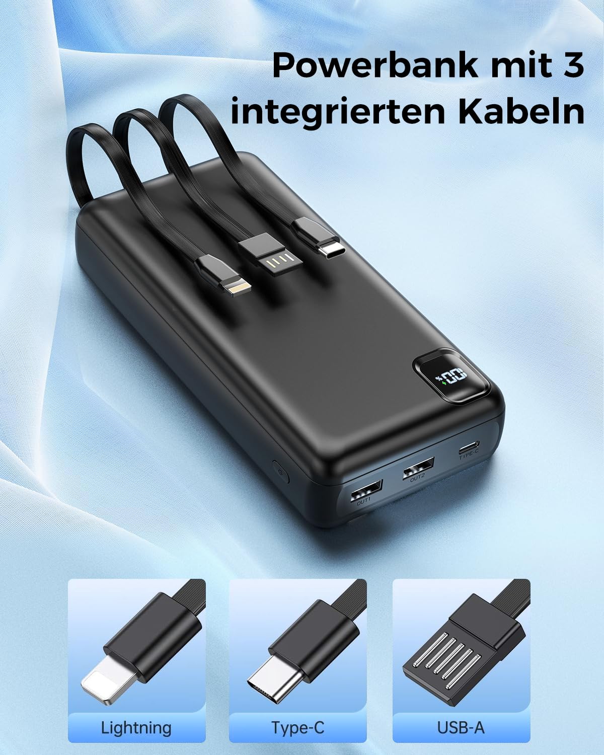 DRMARE - Power Bank 50000mAh con PD-20W e cavi integrati - 5 uscite e 2 ingressi, display LED - Alimentazione portatile per modelli iPhone 15/14/13 Pro ecc.