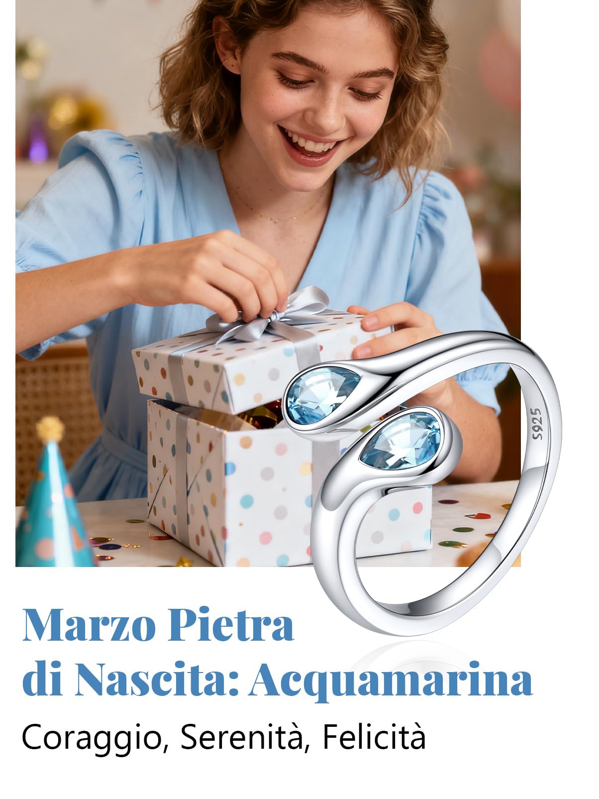 Silvora Anelli Donna Argento 925 in Oro Bianco, Anelli Regolabili con 12 Mesi Pietra di Nascita Portafortuna, Fedina Anello Argento Donna a Goccia, Idee Regalo per Ragazza Fidanzata Anniversario