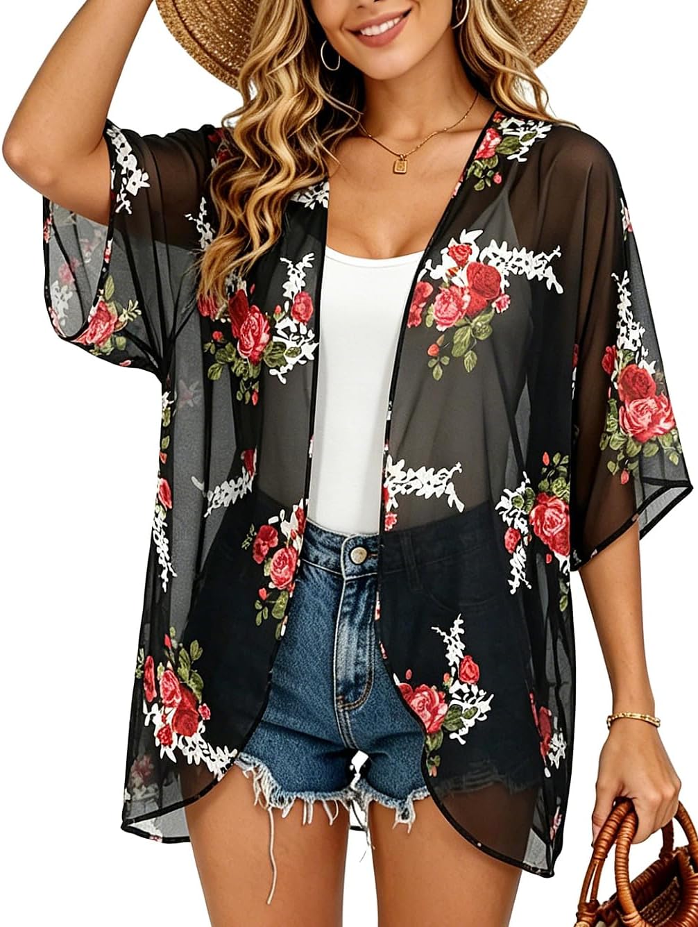 Womens Floral Chiffon Kimono Cardigans Loose Beach Cover Up Half Sleeve Tops