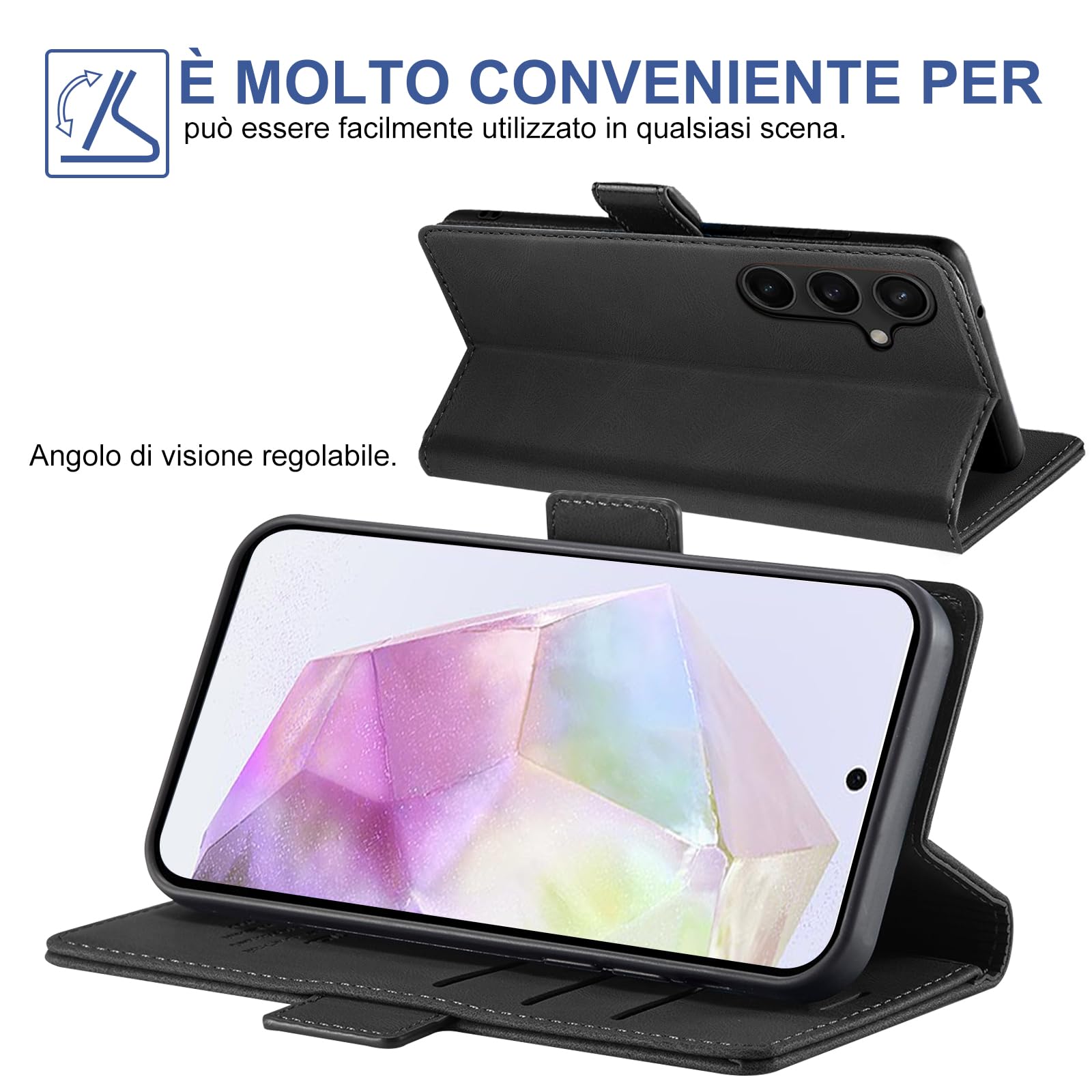 Giyer Cover per Samsung Galaxy A35 5G Custodia con Vetro Temperato, Premium Pelle PU Portafoglio Slot per Scheda RFID Antifurto Funzione Supporto Flip Case, Antiurto per Samsung A35 5G Cover (Nero)