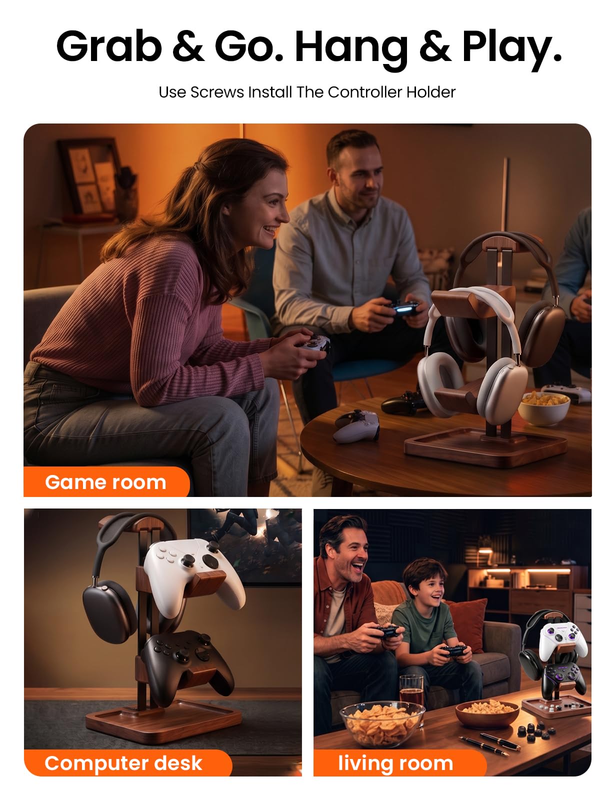 LOXP Supporto per cuffie e controller in noce, 2 in 1, in legno massello, con base di stoccaggio, adatto per controller Xbox PS5, organizer da scrivania per giocatori
