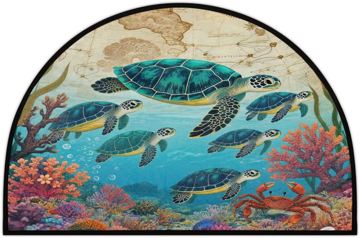 Half Circle Door Mat - Ocean Theme Washable Non-Slip Half Round Entryway Area Rug - Absorbent Cute Retro Turtle Carpet Semicircular Rug for Indoor Kitchen Laundry Room Bedroom Bathroom, 36"x24"