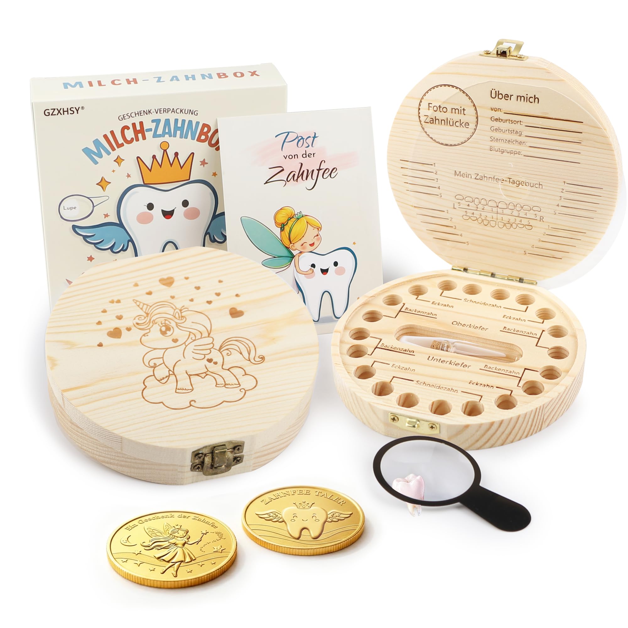 Gzxhsy Zahndose Milchzähne für Mädchen und Jungen | Zahnfee Geschenk set mit Brief, 2 Münzen, Lupe, Pinzette & Haarlockenfläschchen | zur Taufe, zum Geburtstag oder für neue Eltern (Einhorn-Motiv)