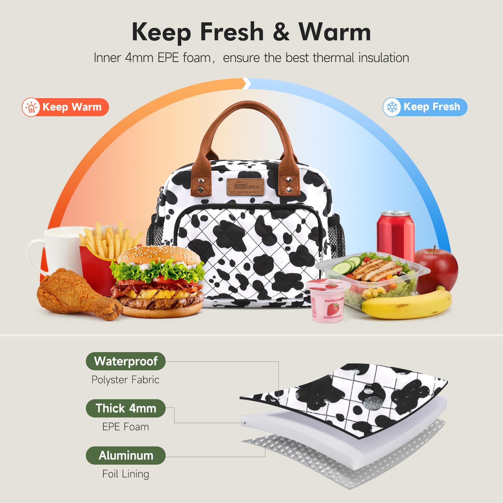 HOMESPON Borsa termica per il pranzo, per donne e uomini, lavoro, adulti, borsa termica per il pranzo, contenitore per il pranzo da donna (stampa mucca)