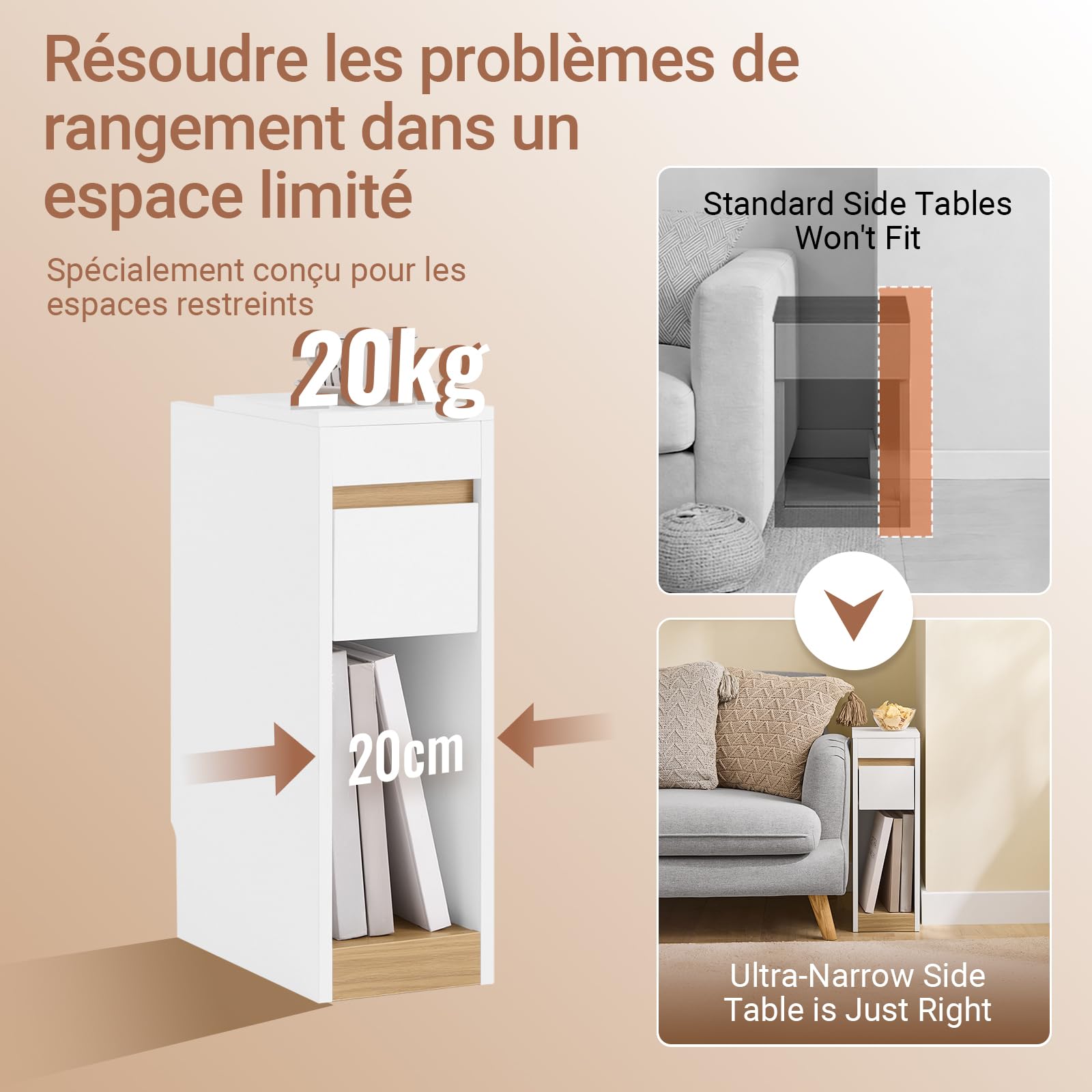 SoBuy Table de Chevet étroite avec tiroir et étagère 20x35x60 cm