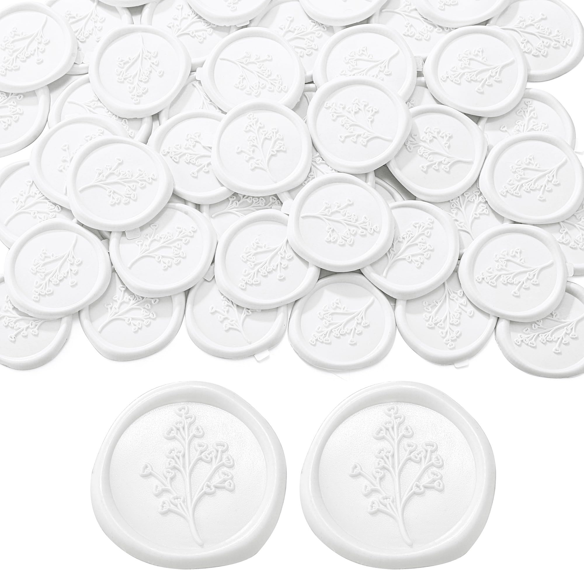 Filhome 50Pcs Wax Seal Stickers, 29mm White Babys Breath Envelope Seal Stickers, Vintage Wedding Invitation Stickers for Valentine's Day Birthday Bridal Shower Christmas Party Supply