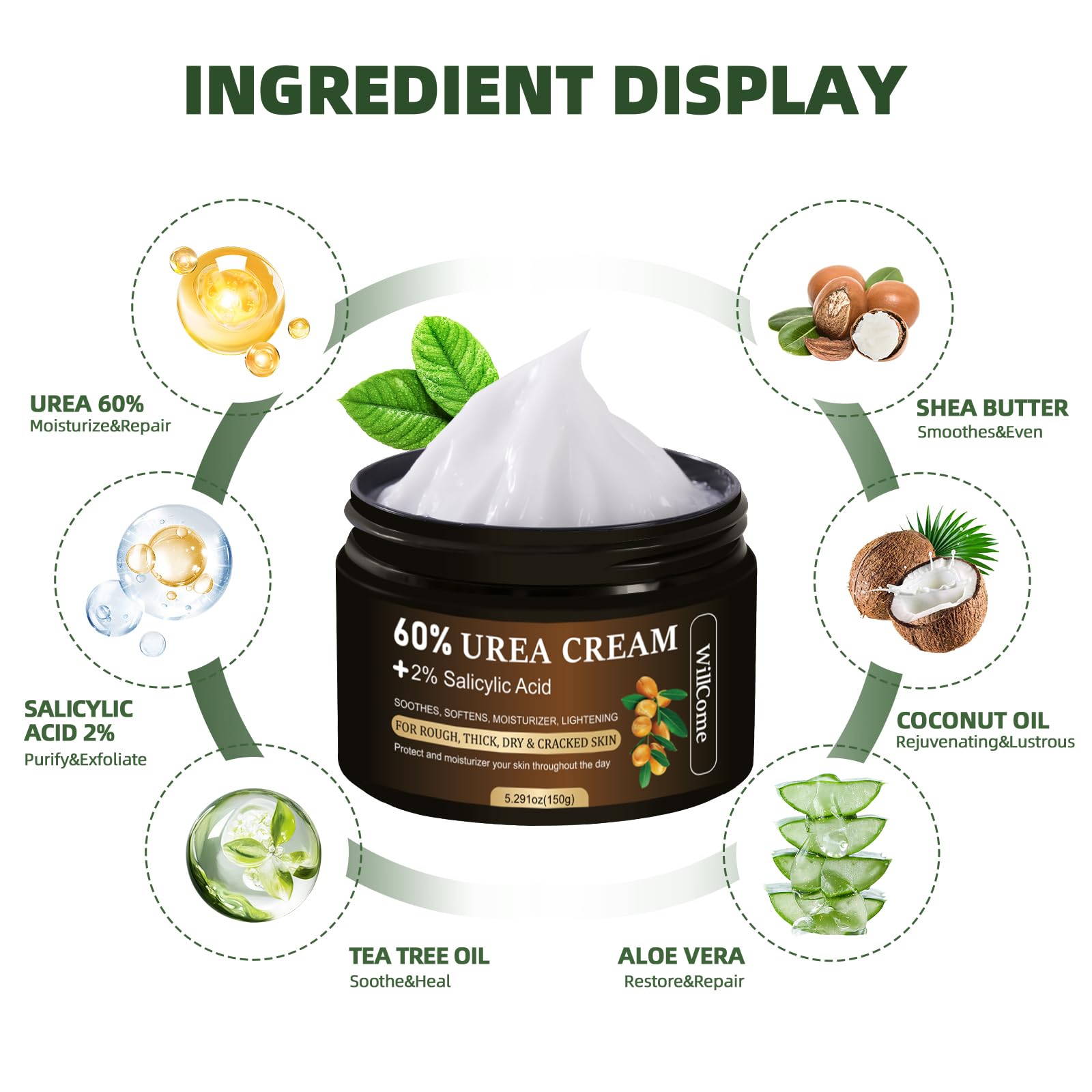 WillCome Urea Cream 60 Percent with 2% Salicylic For Feet Maximum Strength, Callus Remover Gel,Foot&Hand Care Cream Urea Lotion for Dry Cracked Heels and Feet Treatment& Repair,5.29 oz