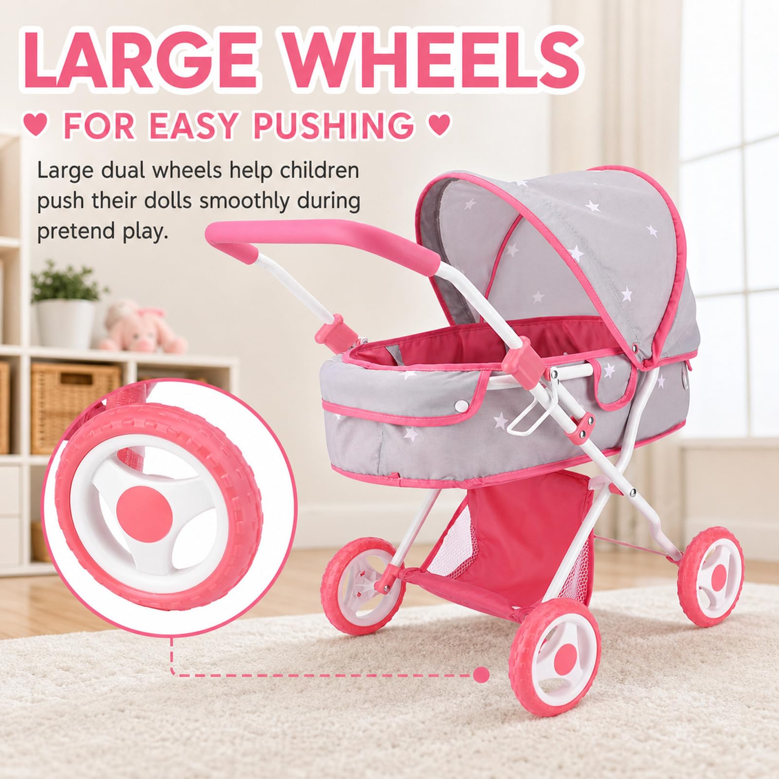 Bebamour Set passeggino 2 in 1 con culla rimovibile e giocattoli per bambini piccoli (grigio)