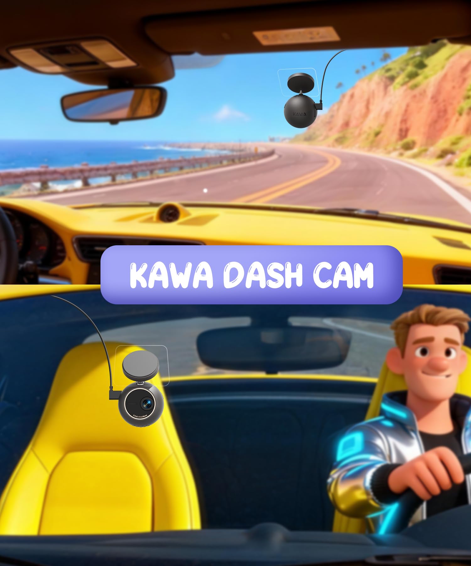 KAWA Dashcam 2K con controllo vocale – Mini fotocamera frontale a sfera, supporto girabile 360°, scheda SD 32GB, Wi-Fi & App, sensore G, motore NightEagle, parcheggio 24h – Videorecorder auto