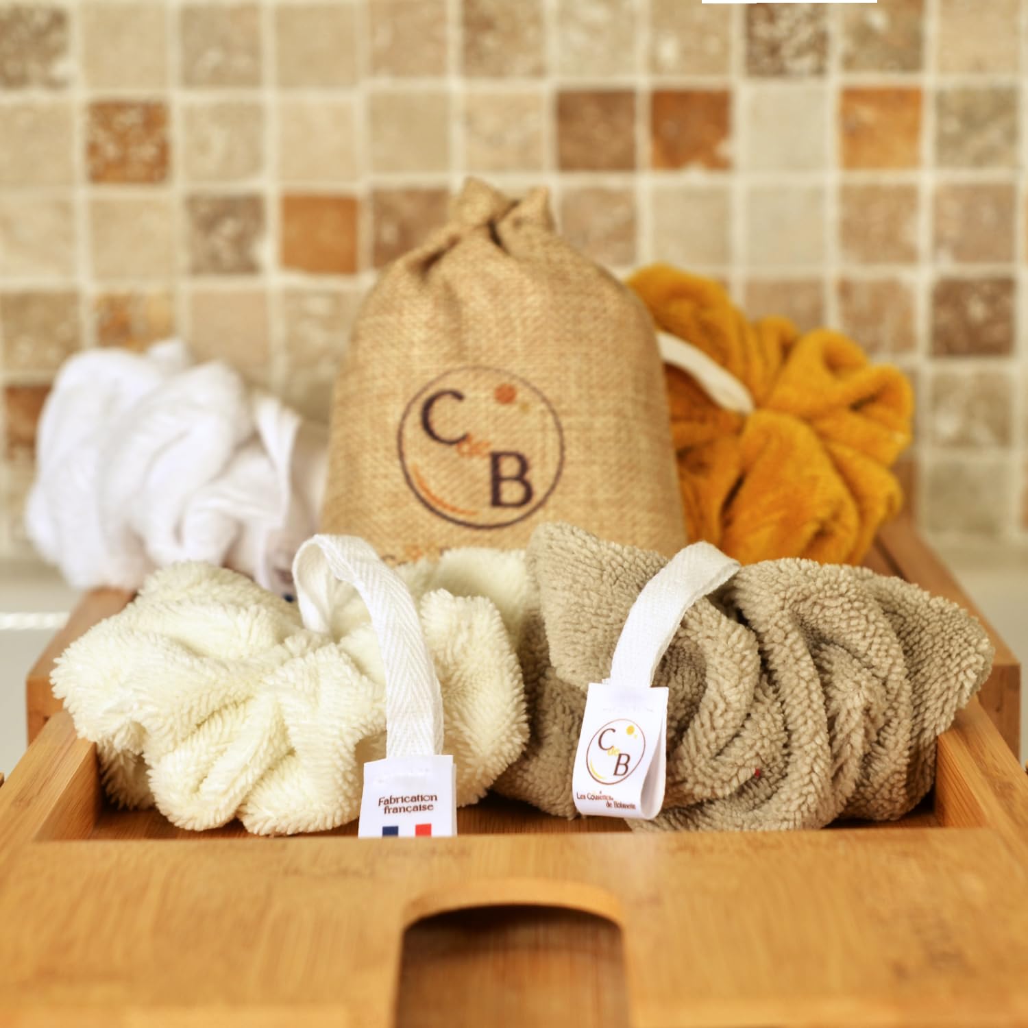 Set 2 Spugna da Bagno e Doccia, Spezzola per corpo, puff morbida e delicata, spugna de bambù lavabile e durevole (Crema Cappuccino)