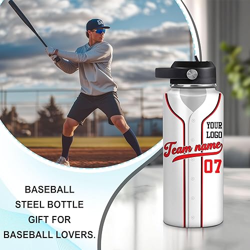 Vista 140 de Hyturtle Botella de agua de béisbol personalizada, botella de acero inoxidable aislada de viaje con tapa a prueba de fugas, 18 onzas, 32 onzas