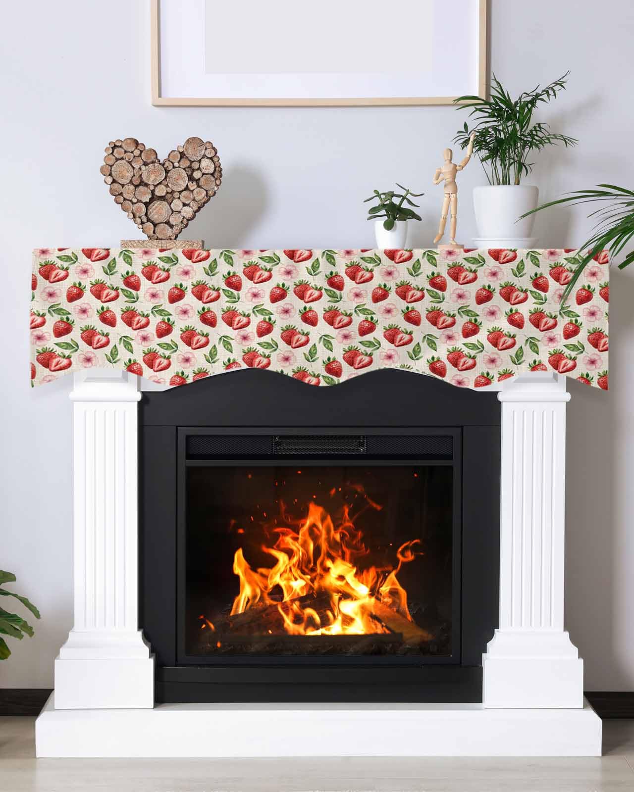 Farmhouse Strawberry Mantel Scarf - 90x17 Inch Fireplace Runner With Green Vine Pattern