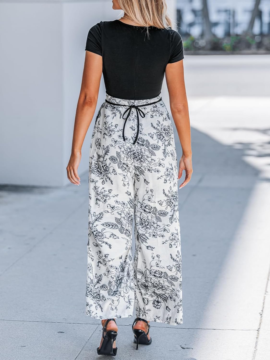 CUPSHE Women's Short Sleeve Jumpsuits Dressy One Piece Elastic Waist Printed Wide Leg Pants Jumpsuit - Image 5