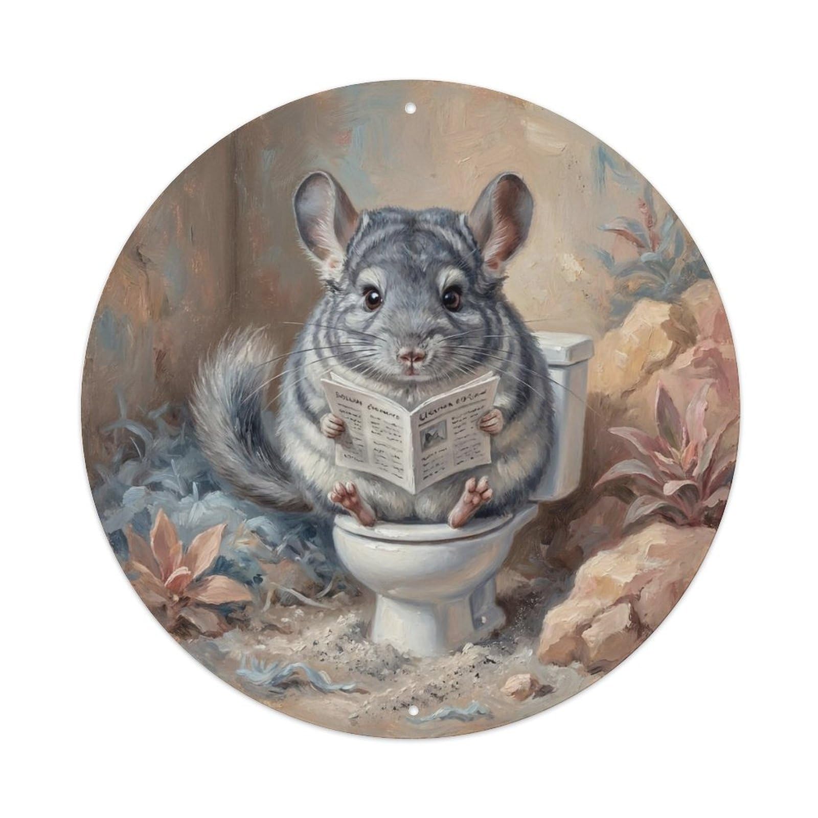 Chinchilla On Toilet Humorous Bathroom Dust Bath Corner Metal Tin Sign