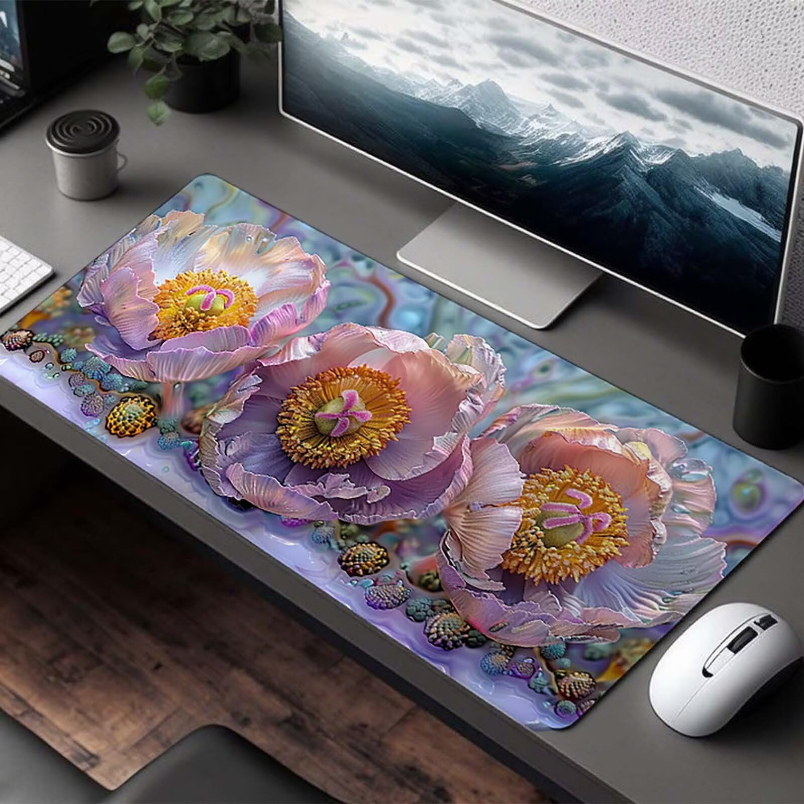 Tappetino Mouse Gaming, 120x60 cm Tappetino Mouse Fiore, Impermeabile e Antiscivolo Tappeto Gaming, Bordo Cucito con Liscio Superficie, Rosa per Ufficio, Decor PjY14718 4-8