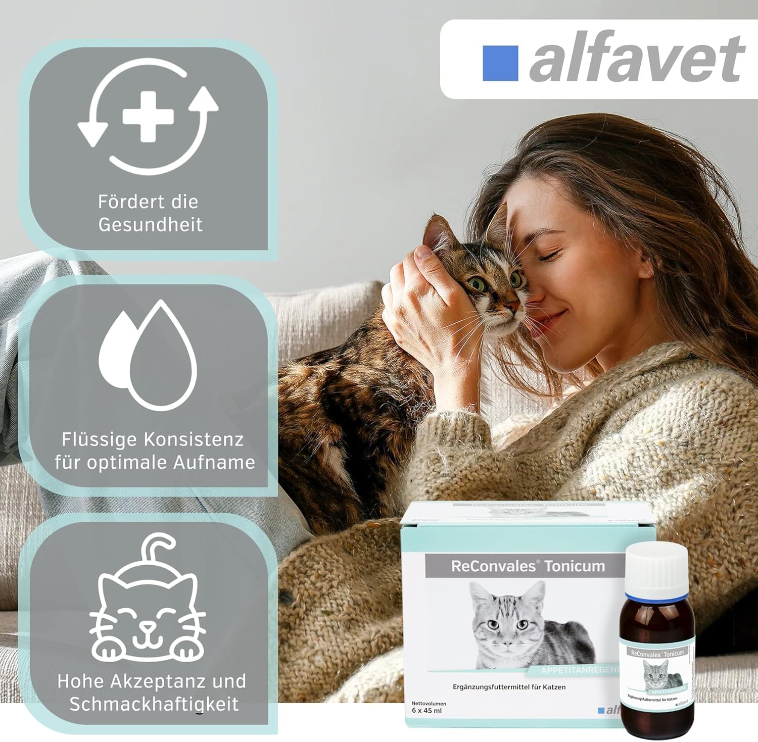 Alfavet ReConvales Tonicum Gatto (6 x 45 ml) – Mangime complementare liquido ad alta energia per gatti – con nutrienti selezionati, elevata appetibilità
