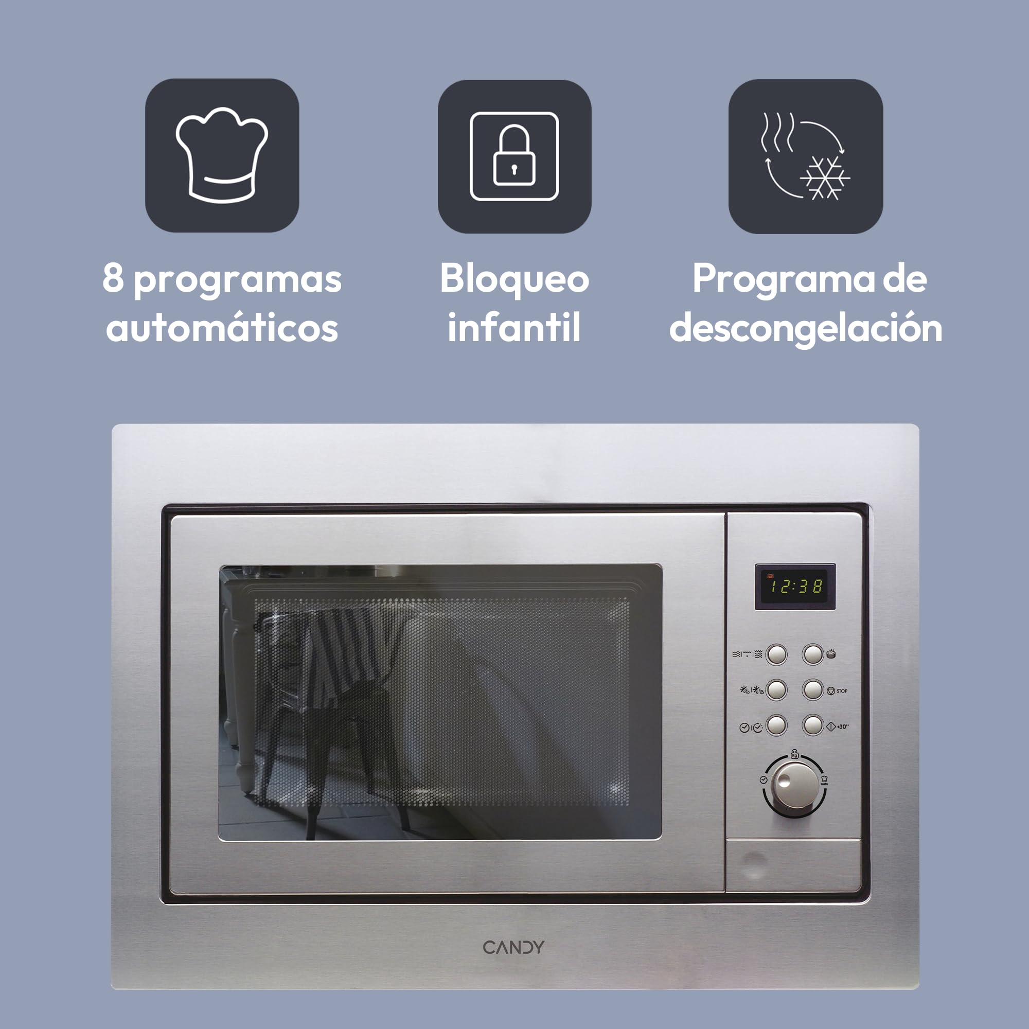 Candy MIC201EX, Microondas integrable con grill, 20L, Digital, Con marco, 8 programas automáticos, Plato giratorio 24,5cm, Descongelación tiempo y peso, 800W/1000W, Acero inoxidable antihuellas