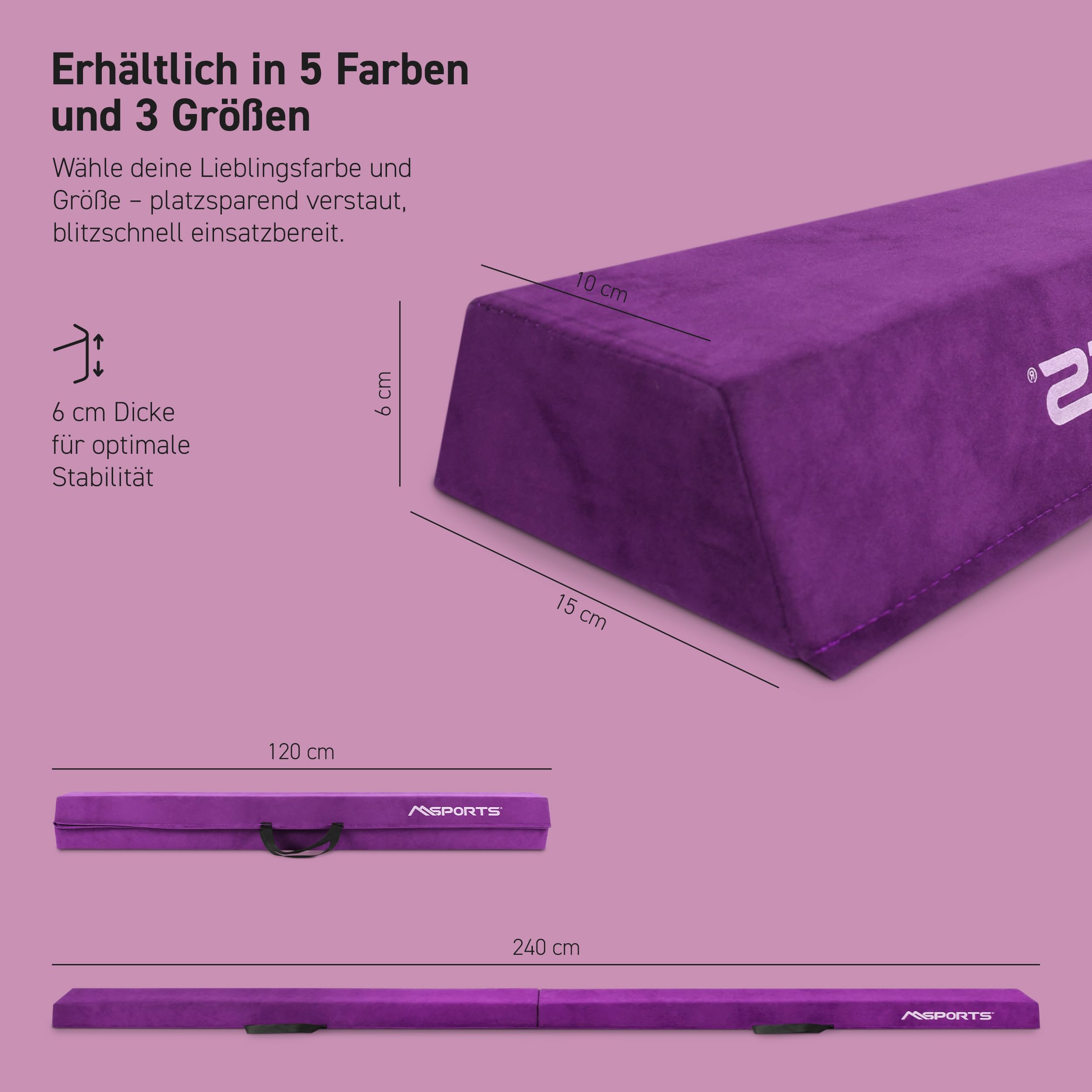 MSPORTS Schwebebalken Premium faltbar 15 × 6 cm – 240 / 270 / 300 cm Balance-Beam aus EVA, Klappbar & Rutschfest – Gymnastik- & Turnbalken für Kinder & Erwachsene – 5 Farben