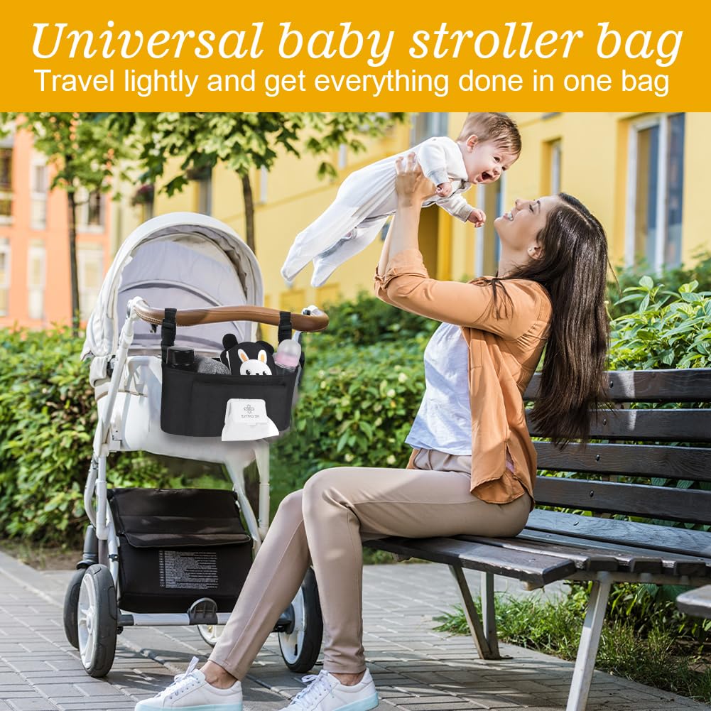 Vicloon Bolsa Organizadora Para Cochecito, Bolso Carro Bebé Universal, Bolso Carro Bebé con Sangle réglable, Gran Espacio Bolsa Organizadora Para Cochecito para Pañales y Juguetes - Negro