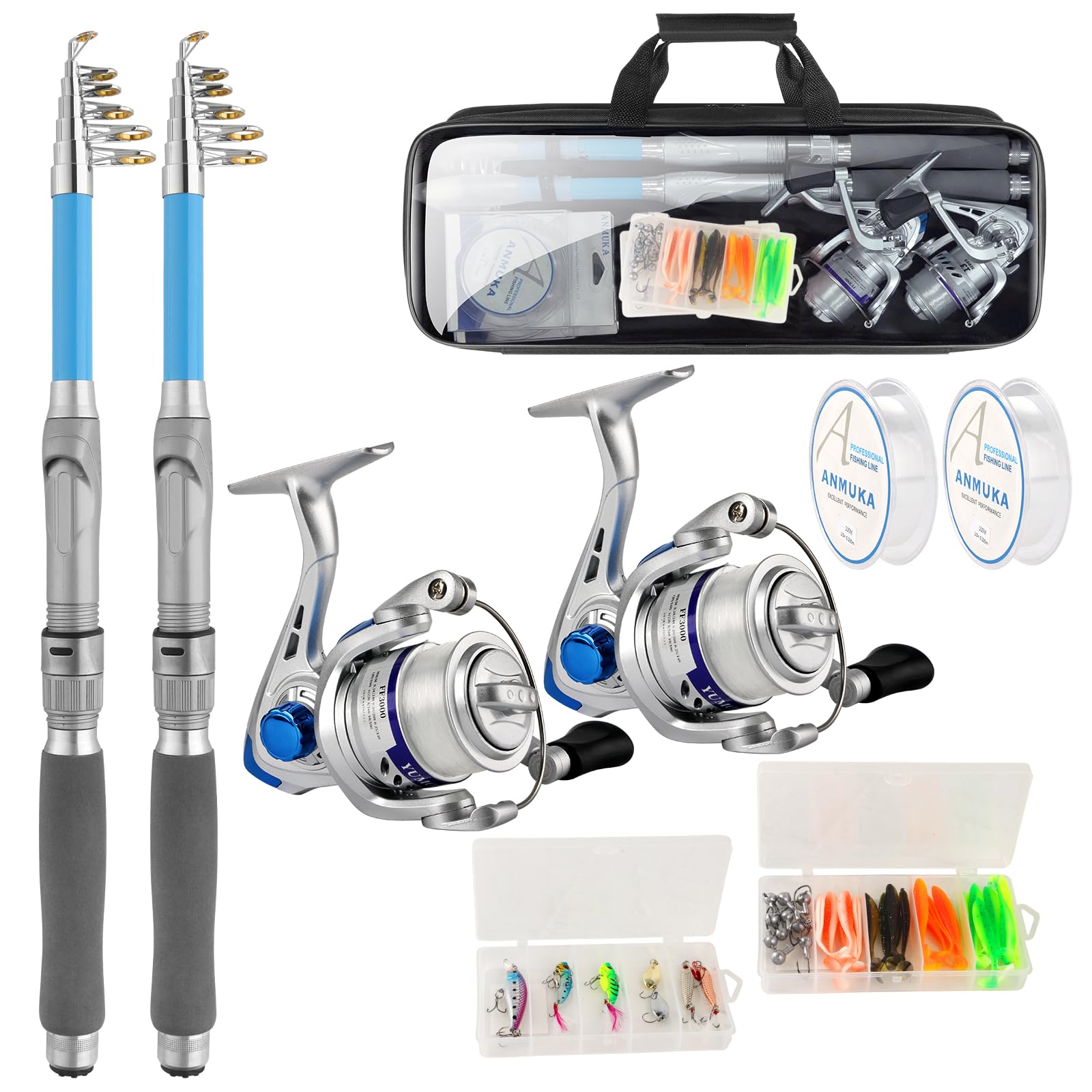 Fishing Rod and Reel Combo,2PCS 2.1M/6.89FT Collapsible Fishing Rod Set with 2PCS Spinning Reels 2 Set of Lures Baits 2PCS 100m Lines and a Carrier Bag,Fishing Pole Kit for Saltwater Freshwater