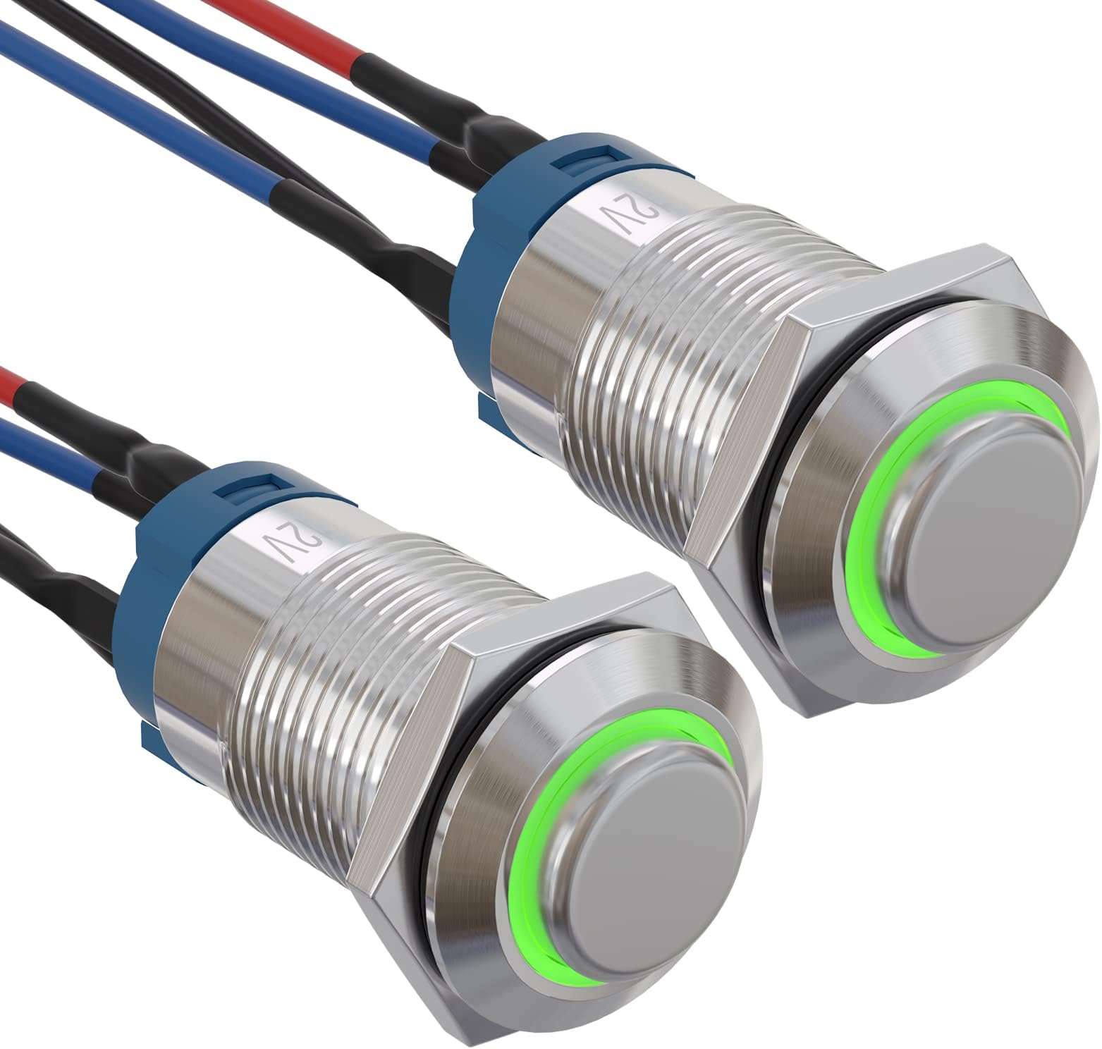 APIELE (Pcs of 2) 12mm Latching Push Button Switch High Round Head Stainless Steel 1 Normally Open with Ring Led (Green)