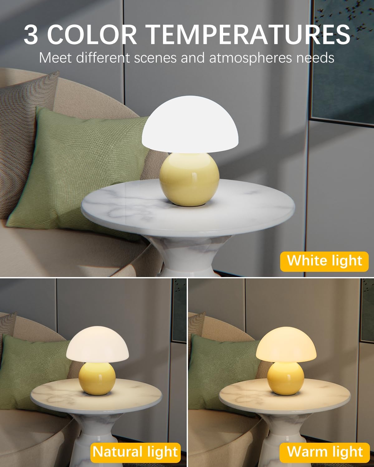 Mushroom Table Lamp with 3 Color Temperatures, 8.7" Mid Century Modern Glass Lamp for Bedroom Nightstand, Living Room, Aesthetic Dorm Desk Decor