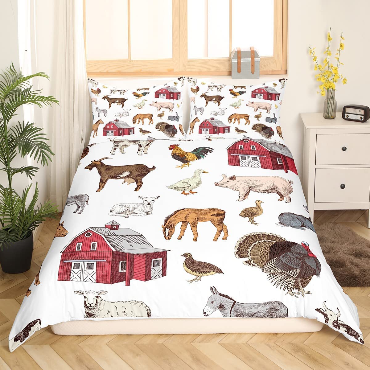 Housse de Couette Animaux de la Ferme Rustique pour Lit Simple Enfant