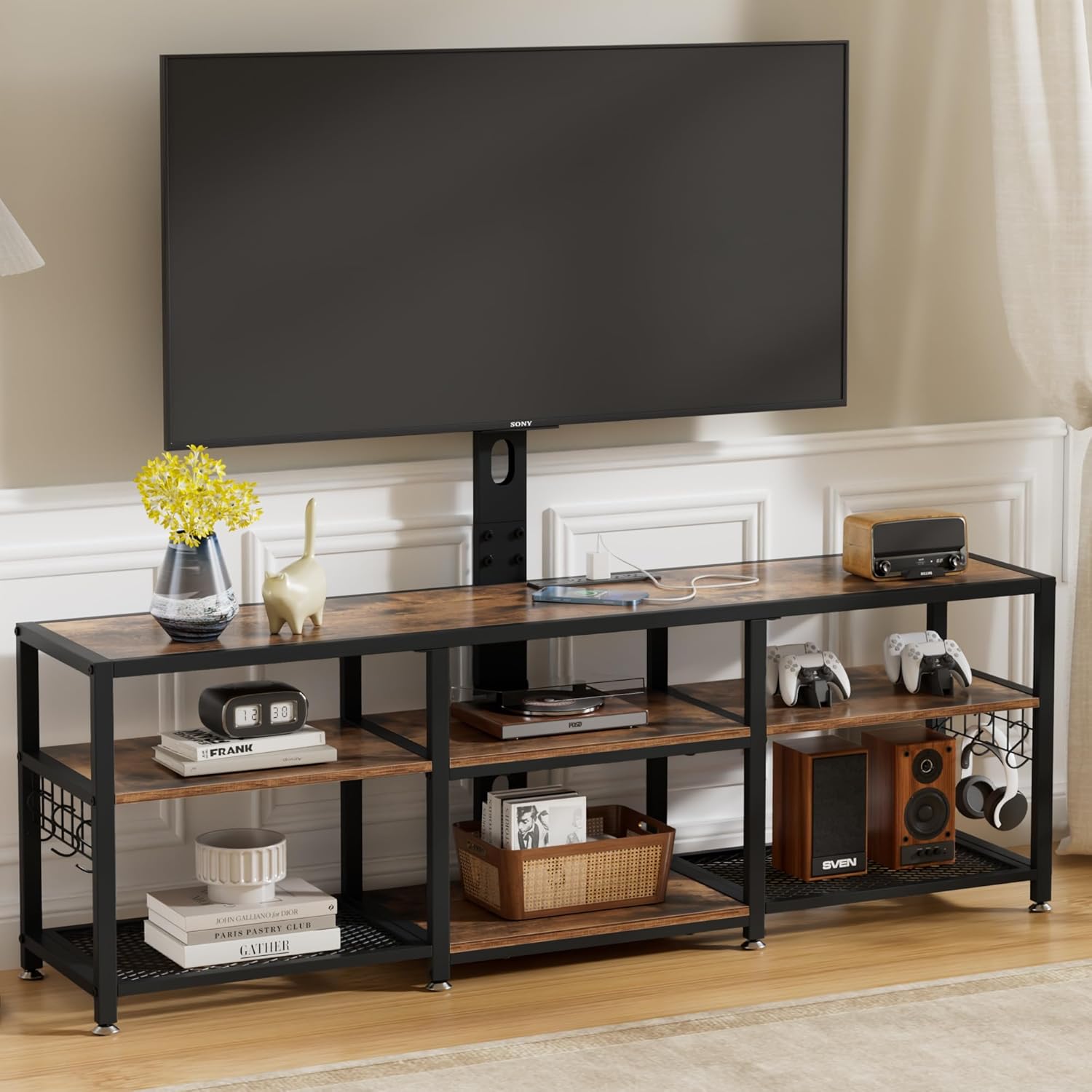 VECELO TV Stand with Mount and Power Outlets, Entertainment Center for 60/65/70/75/80 inch TVs, Height Adjustable Media Console with Storage Shelves, for Living Room, Bedroom, Rustic Brown - Image 6