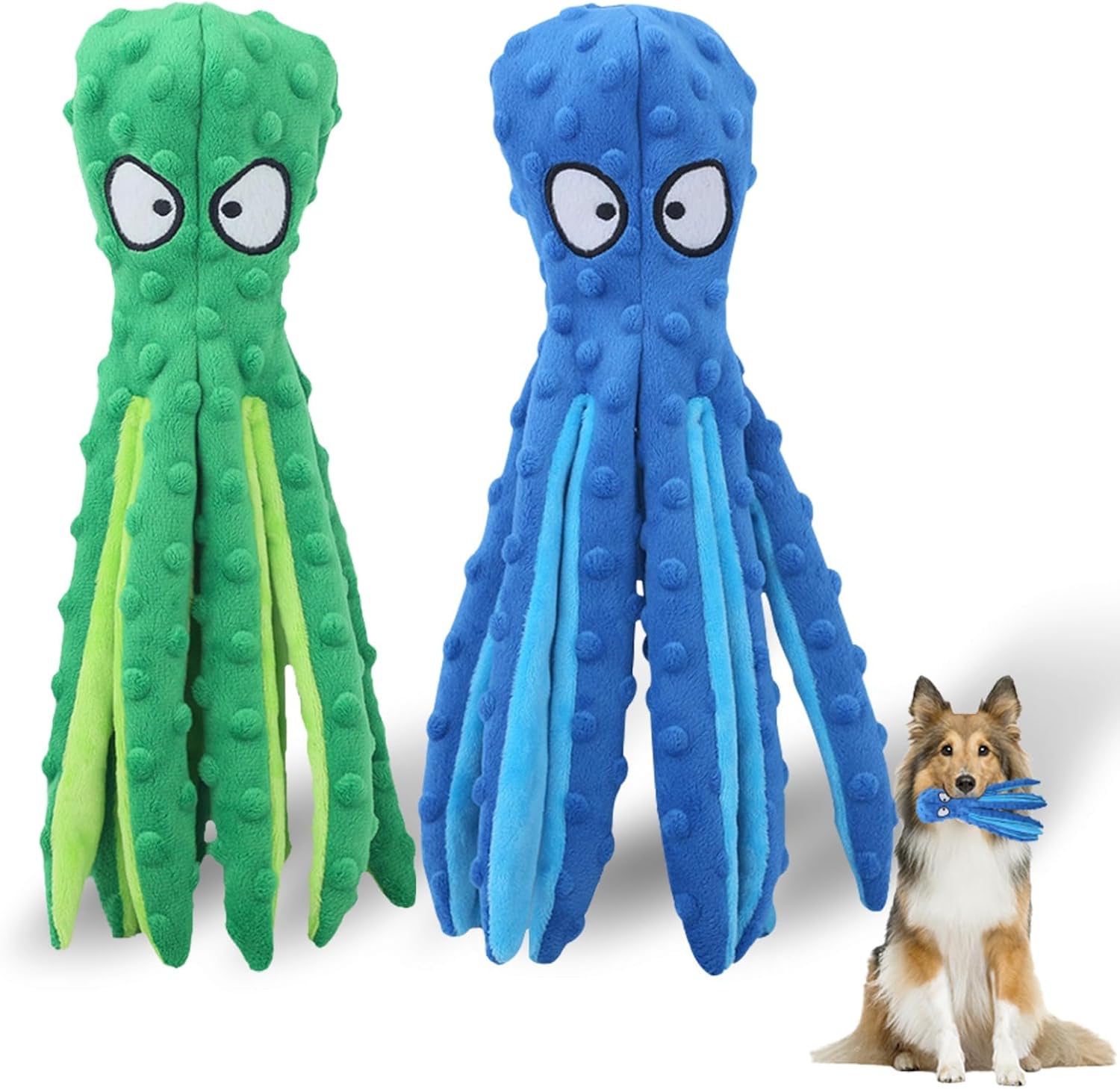 Dog Squeaky Toys Octopus - No Stuffing Crinkle Plush Dog Toys for Puppy Teething, Durable Interactive Chew Toys for Small, Medium and Large Dogs Training and Reduce Boredom, 2 Pack (Blue+Green)