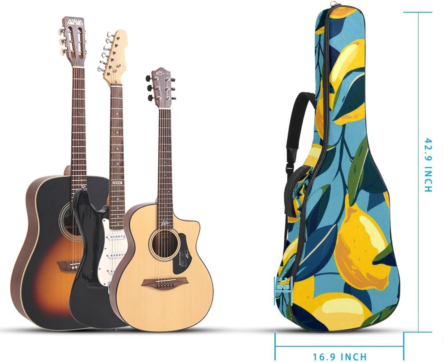 Lemons Fruits Summer Background Acoustic Guitar Gig Bag, 1 cm Thick Padding Waterproof Guitar Bag Backpack for 40 41 42 Inch Electric Bass Classical Guitars