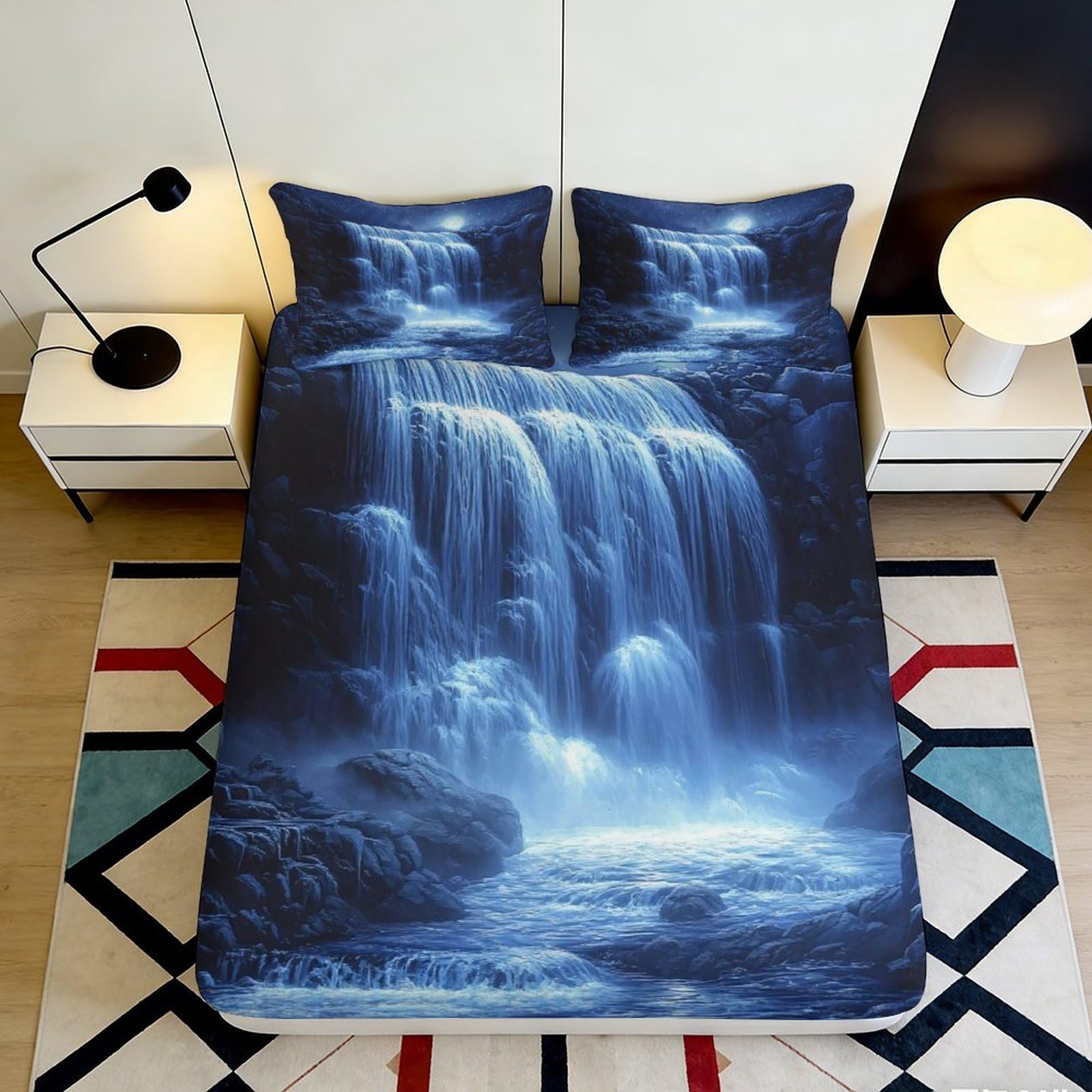 3D Printed Waterfall Design Fitted Sheet Microfiber Deep Pocket For Adults Bedroom Bedding Waterfall Mattress Fitted Cover Non-Slip Full Wrap 200x200x25cm