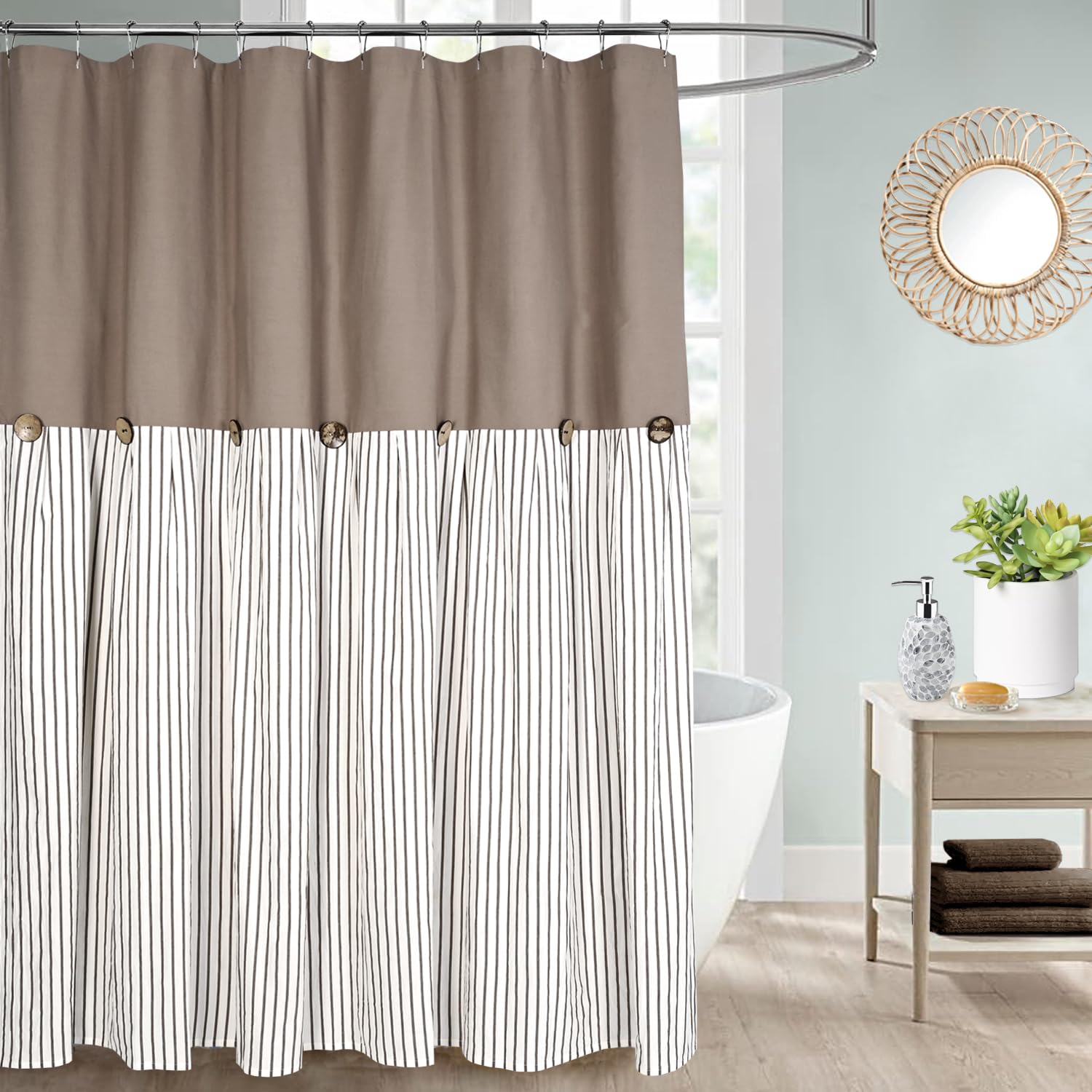 DOSLY Ides Farmhouse Taupe Shower Curtain, Taupe and Brown Stripe, Button Curtain, Cotton Blend and Cotton Woven Fabric, Rustic Charm Country Chic Style, 72x72 in, Bathroom