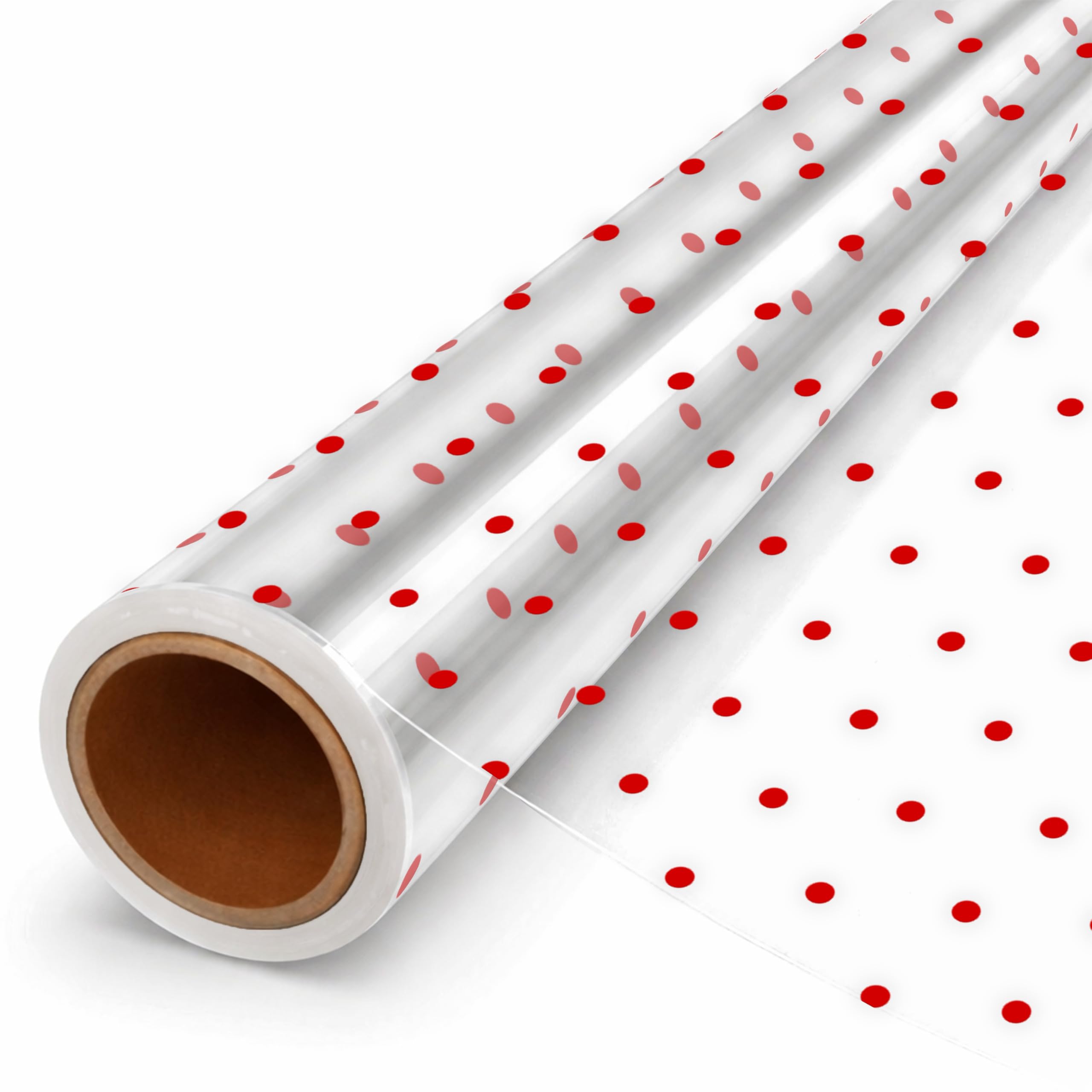 Volila Red Dots - Cellophane Roll 16 In X 50 Ft 15M Christmas Cellophane Wrap With Red Dot Design For Xmas, Hampers, Gift Baskets And Gifts - Clear Roll (40Cm Wide)