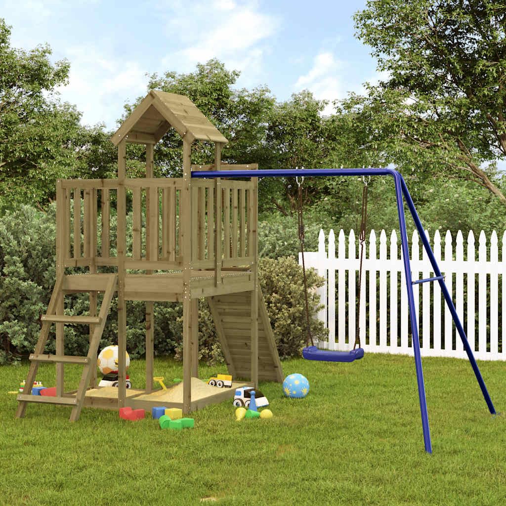 Imprägniertes Kiefernholz Spielturm mit Kletterwand, Schaukel, Sandkasten für Kinder ab 3 Jahren, robustes Garten-Klettergerüst mit Dach, Seil, Leiter, Zubehör, outdoor, langlebig und sicher