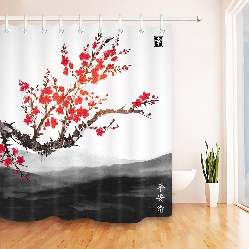 LB Oriental Asian Janpanese Chinese Ink Painting Shower Curtain Watercolor Blooming Red Plum Flowers Fuji Mountain Bathroom Sets with Shower Curtain and Rugs,72X72 inch Waterproof Polyester Fabric