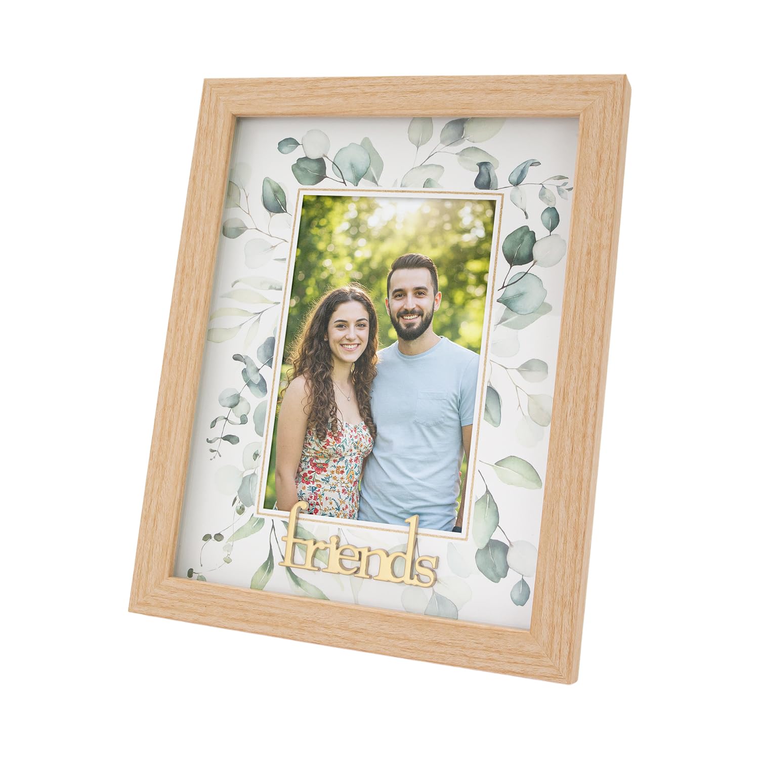 Happy Homewares Modern Oak MDF Shiny Gold Friends 4x6 Picture Frame with Emerald Green Floral Decoration | For Table or Wall Hanging