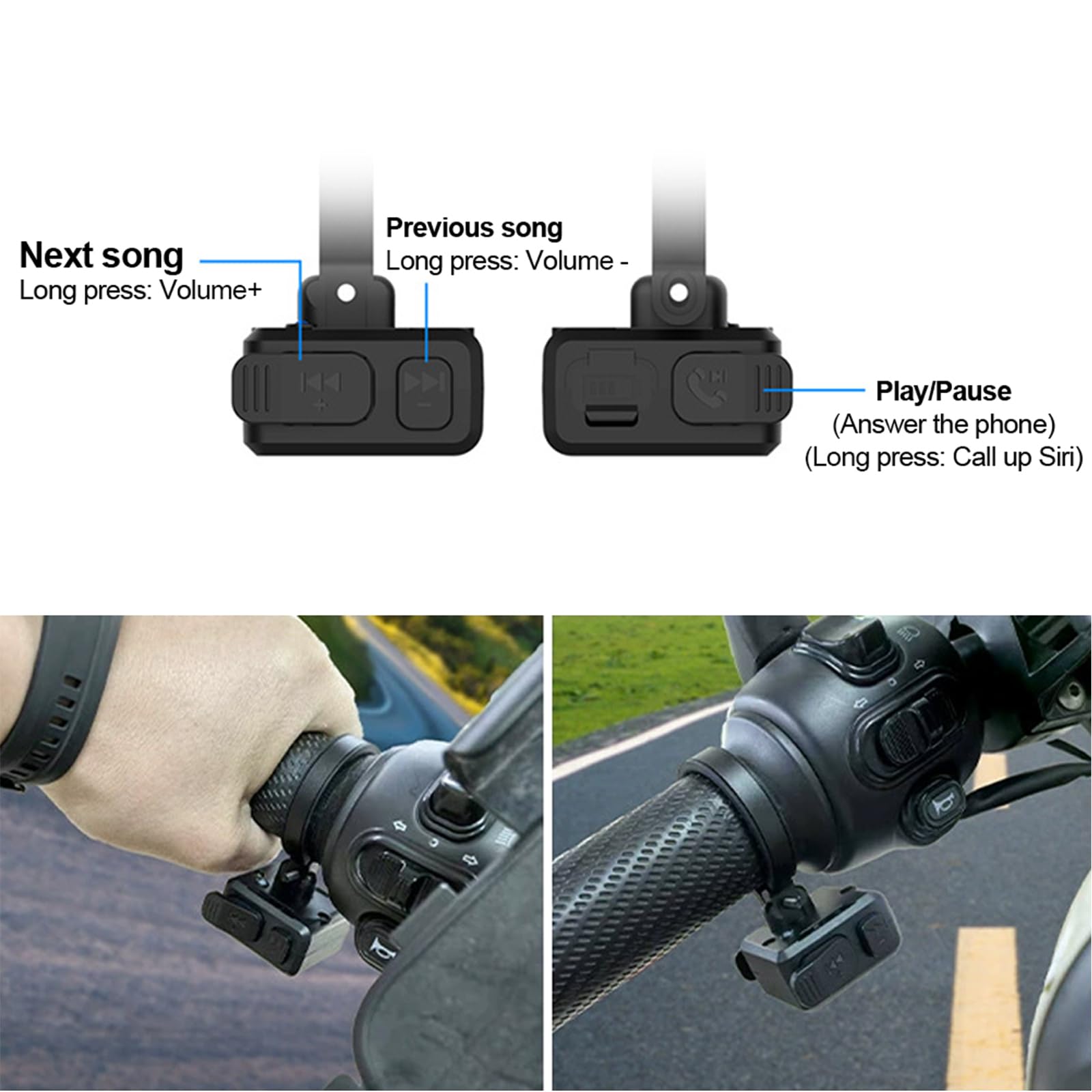 Pulsante multimediale Bluetooth wireless IPX6 Telecomando impermeabile per manubrio della bici del motociclo Supporto per manubrio Siri Voice Assistant Telecomando wireless ricaricabile per iPhone