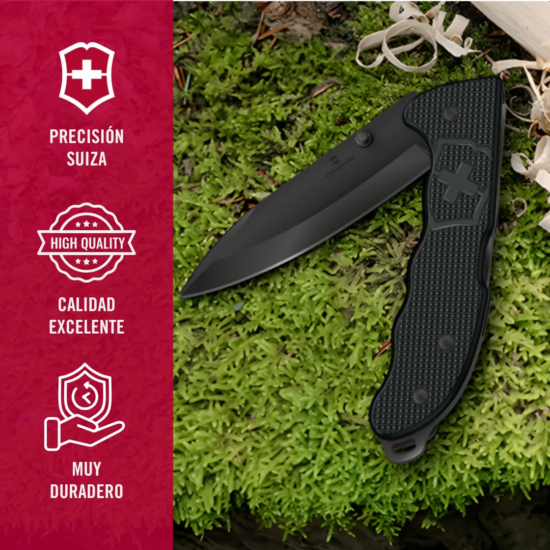Victorinox Navaja suiza de bolsillo Hunter Evoke Alox, navaja plegable outdoor, 4 funciones, incl. hoja de 10 cm y perno de pulgar extraíble, negro