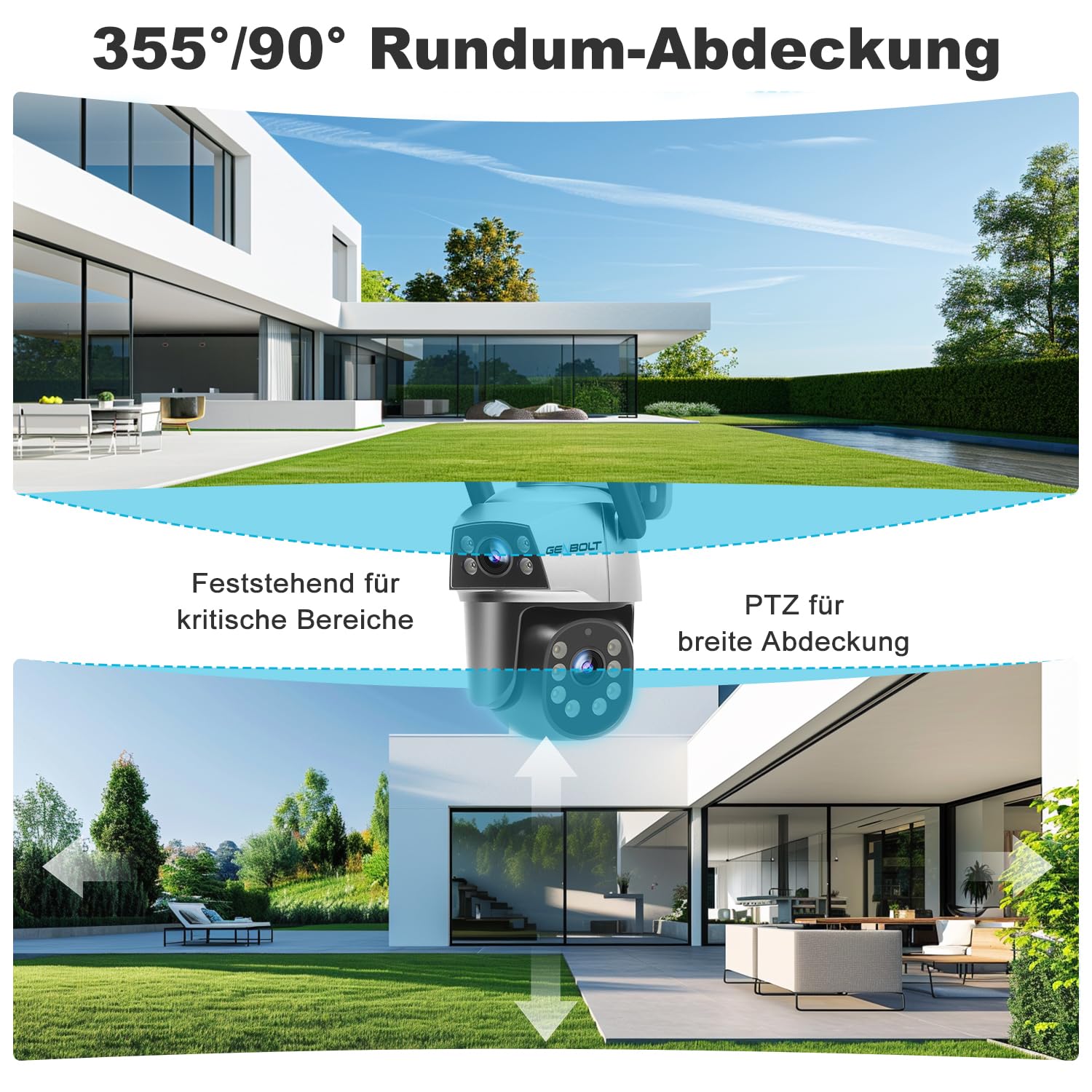 GENBOLT Dual Objektiv WLAN Überwachungskamera Aussen, PoE IP Kamera Outdoor | 2,4/5GHz, Automatische Verfolgung, Personenerkennung, 2-Wege-Audio, PTZ, 24/7-Aufzeichnung, Farb-Nachtsicht, IP66