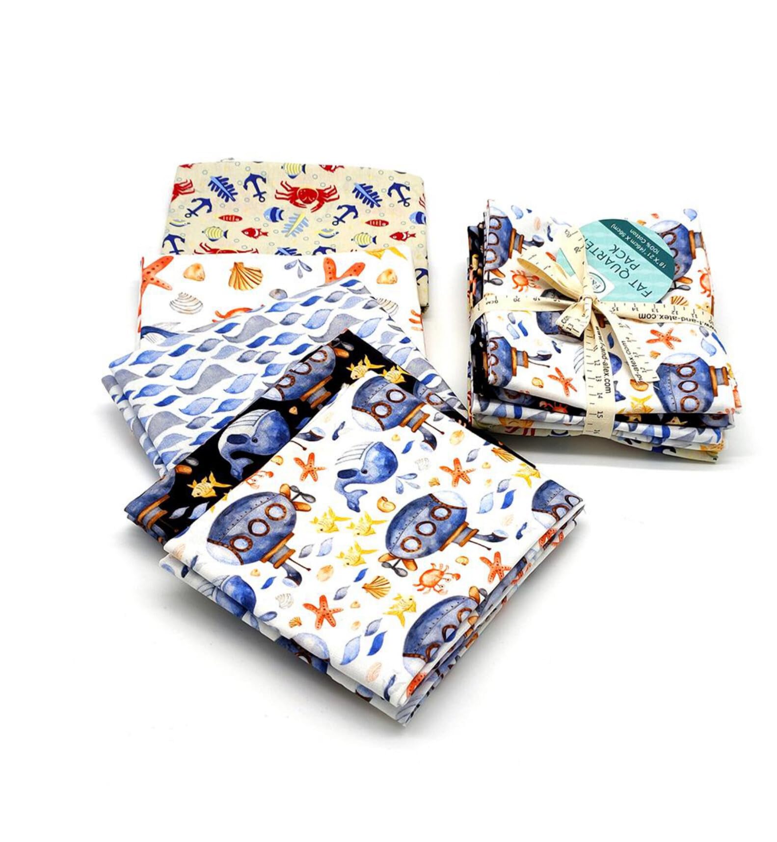 CraftsFabricsOcean Life and Fish Printed Fat Quarters Bundle of 5 Fabrics (45cm x 55cm). 100% Cotton Fabric Bundle. Ideal for Crafts, Patchwork,Quilting and Dressmaking