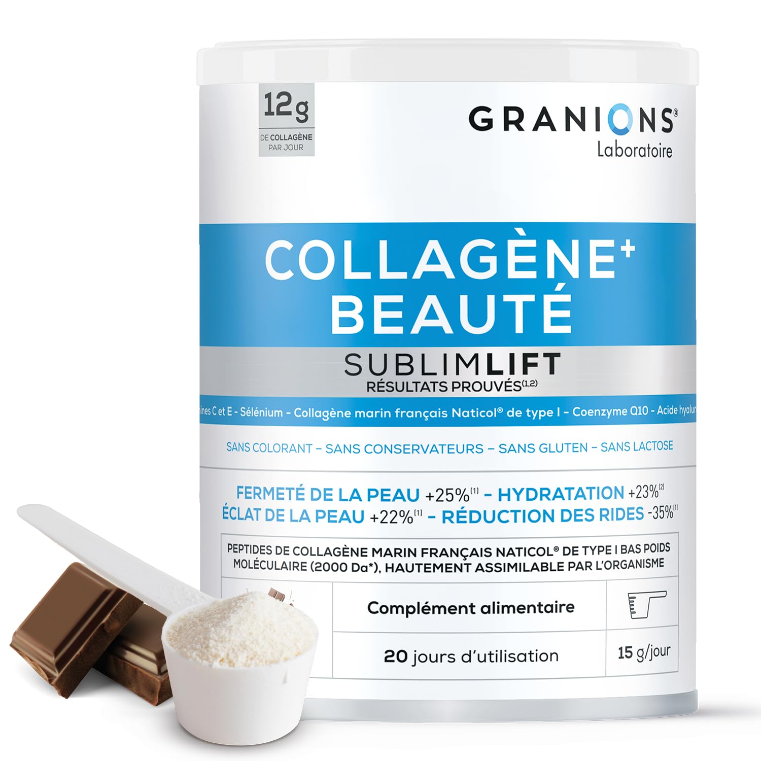 COLLAGENE MARIN BEAUTE SUBLIME LIFT GRANIONS - Collagene Marin - Acide Hyaluronique - Vitamine C - Coenzyme Q10 - Collagène - Peptide de Collagene - Goût Chocolat 300g
