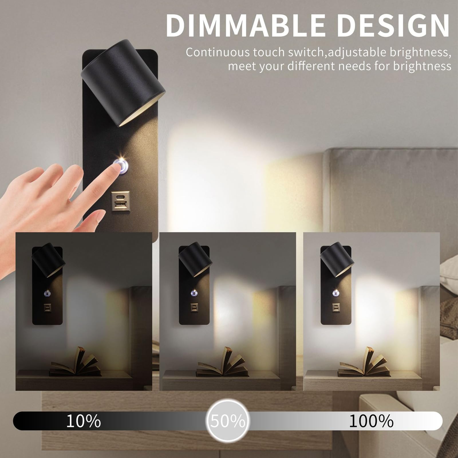 Interni Lettura LED Applique da Parete con Tattile Controllo Interruttore Luce da Parete 3000K/4000K/6000K Dimmerabile Lampada da Parete con USB Ricarica Porte per Corridoio (Oro)