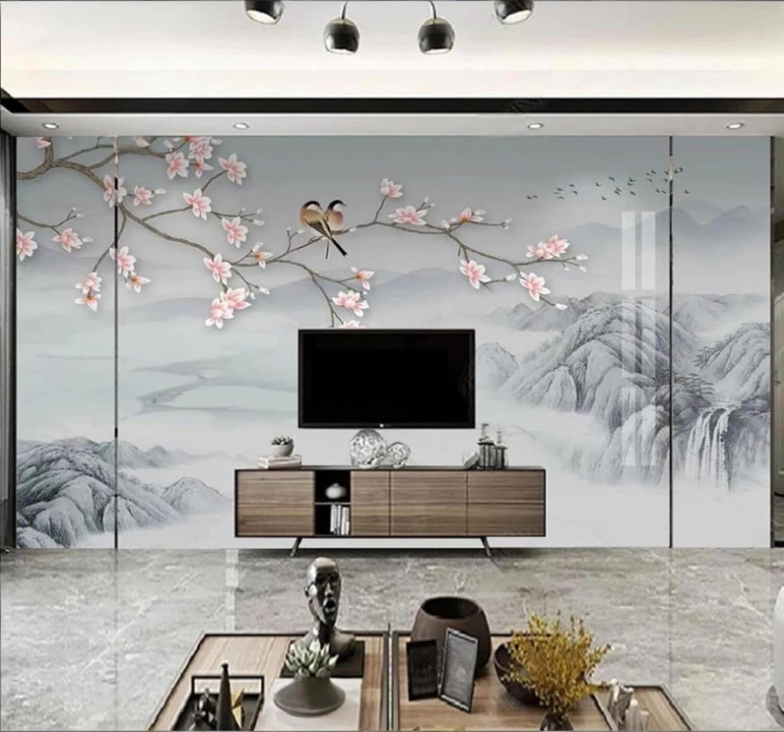 XLMING Ink Landscape Magnolia Birds in Flight Scenery 3D Wallpaper Luxury Silk Study Dining Feature Sofa Grey Bedroom Living Room Tv Decorative Wall-400cm×280cm