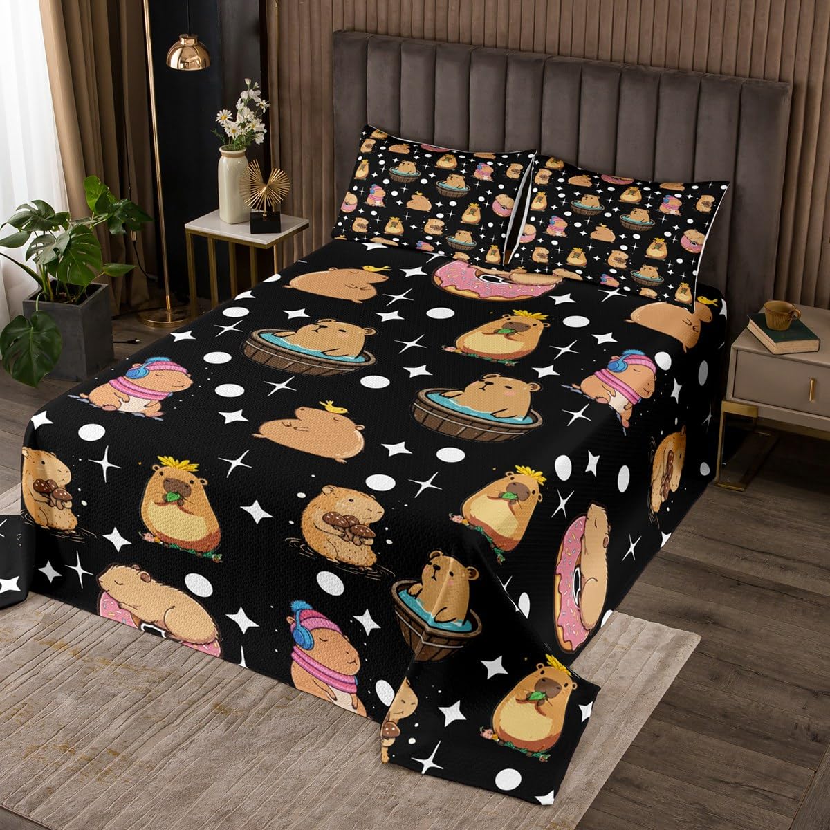 Funny Capybara Coverlet Set Twin Size Cute Kawaii Aniaml Bedspread Fashion Room Decor Geometric Star Polka Dots Quilted for Teens Gift Cartoon Capybara Bedspread with 1 Pillowcase
