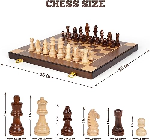 Miniatura 6 de Juego de ajedrez de madera magnético de 15 pulgadas, tablero de ajedrez de madera plegable con piezas magnéticas, juegos de ajedrez de viaje