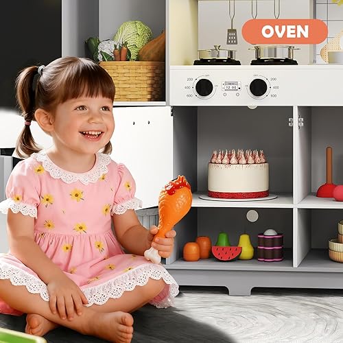 Miniatura 6 de JOYDIAS - Juego de cocina para niños, juego de cocina de madera con sonido y luz, horno, máquina de hielo, pizarra y cubo de reciclaje, cocina para