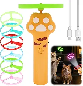 7 peças de brinquedo para buscar gatos, lançador de disco voador recarregável com 6 discos voadores, brinquedos de caça interativos para gatos, brinquedos interativos de rastreamento de gatos, hélices